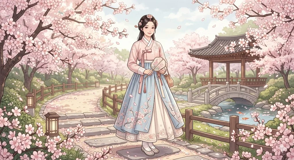 Girl in blue and pink embroidered hanbok holding a fan by a koi stream and arched bridge among cherry blossoms — hanbok anime art