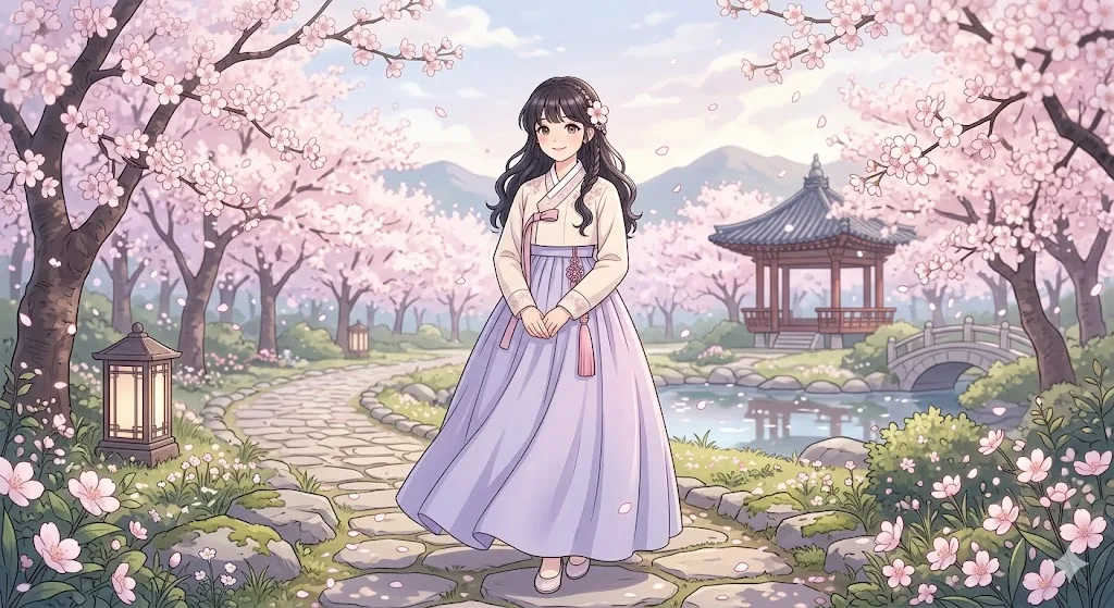 Girl in lavender hanbok on a stone path by a pond and pavilion under cherry blossoms — hanbok spring anime art