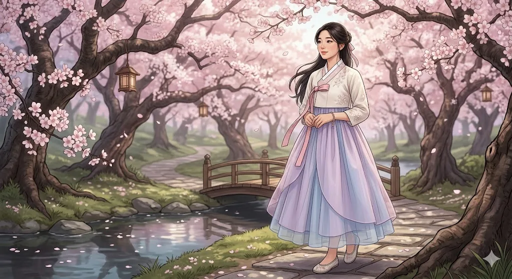 Girl in lilac hanbok on a lantern-lit blossom path beside a quiet stream — hanbok spring anime art