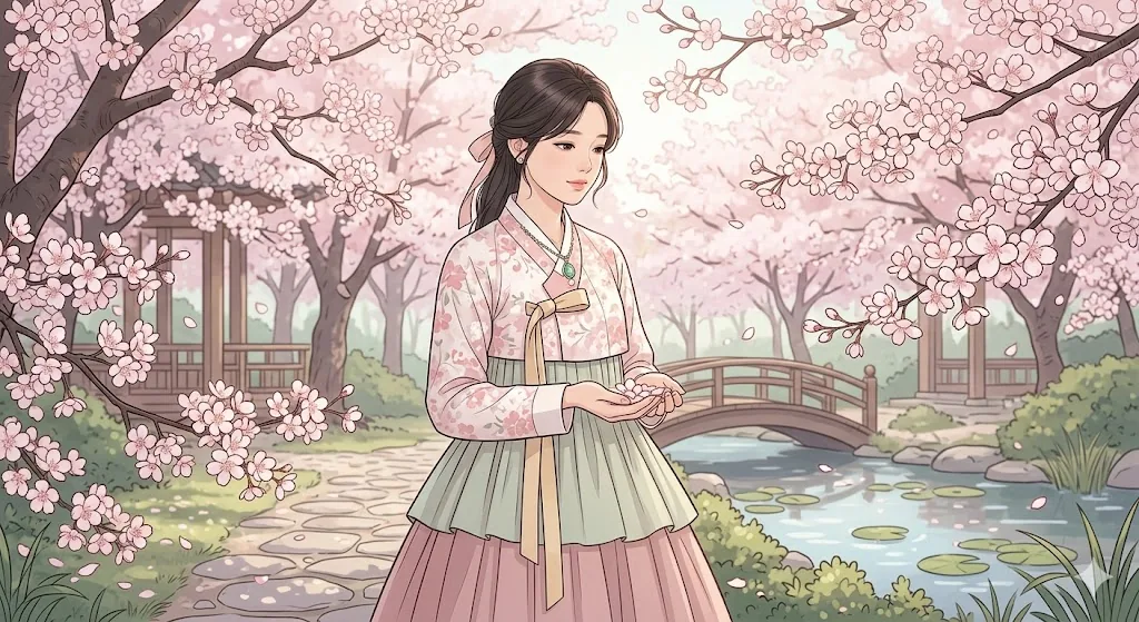 Girl in pink and sage hanbok cupping falling petals by a garden bridge under cherry blossoms — hanbok anime art