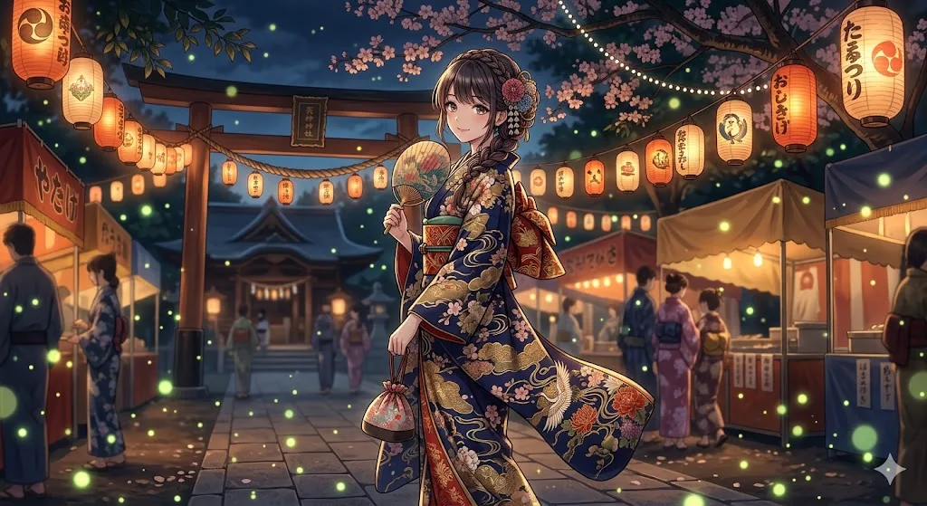 Woman in ornate kimono with a fan at a shrine festival glowing with lanterns and fireflies — matsuri anime art