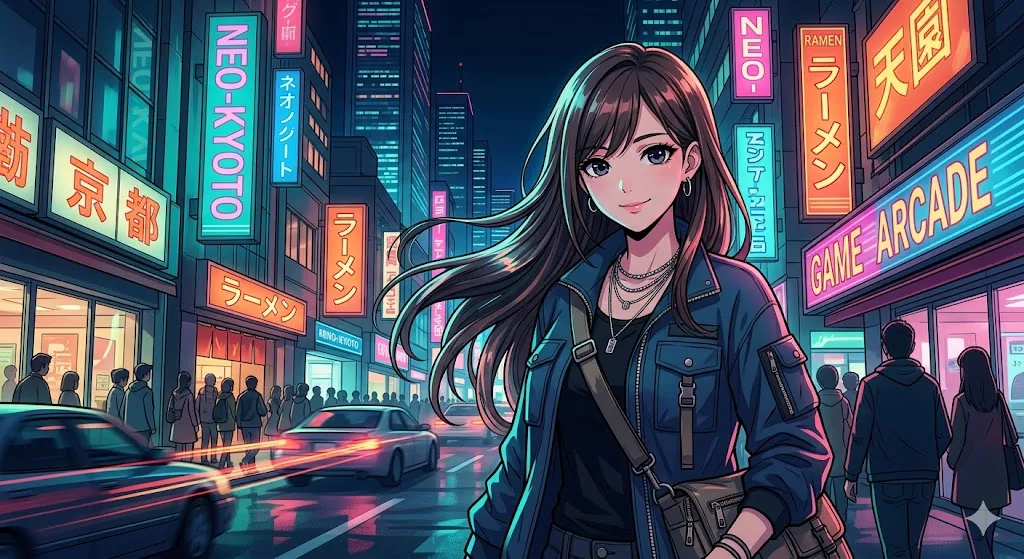 Anime girl in a denim jacket on a neon Neo-Kyoto street with game arcade and ramen signs and passing traffic — cyberpunk city art