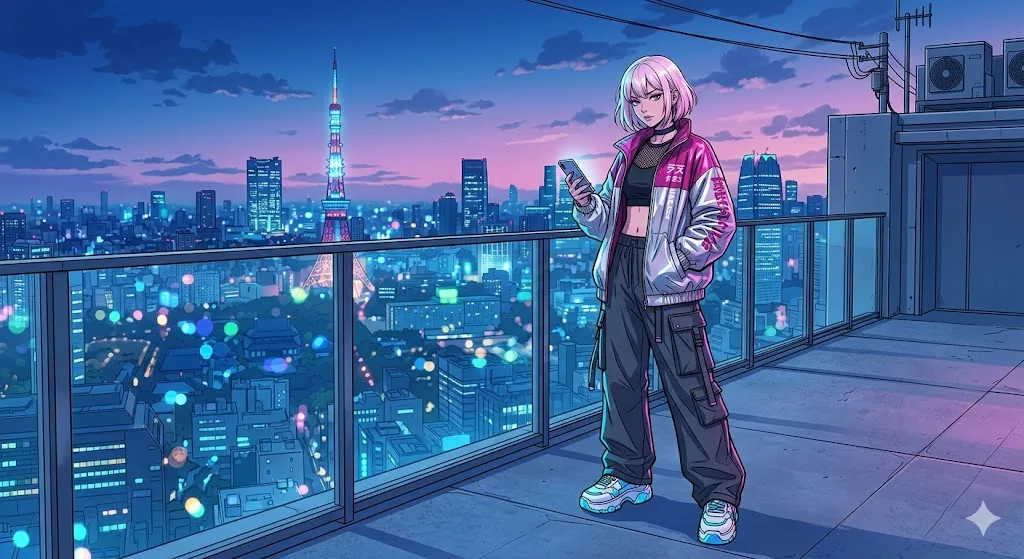 Anime girl in streetwear checking her phone on a rooftop with Tokyo Tower and neon skyline behind — city pop art
